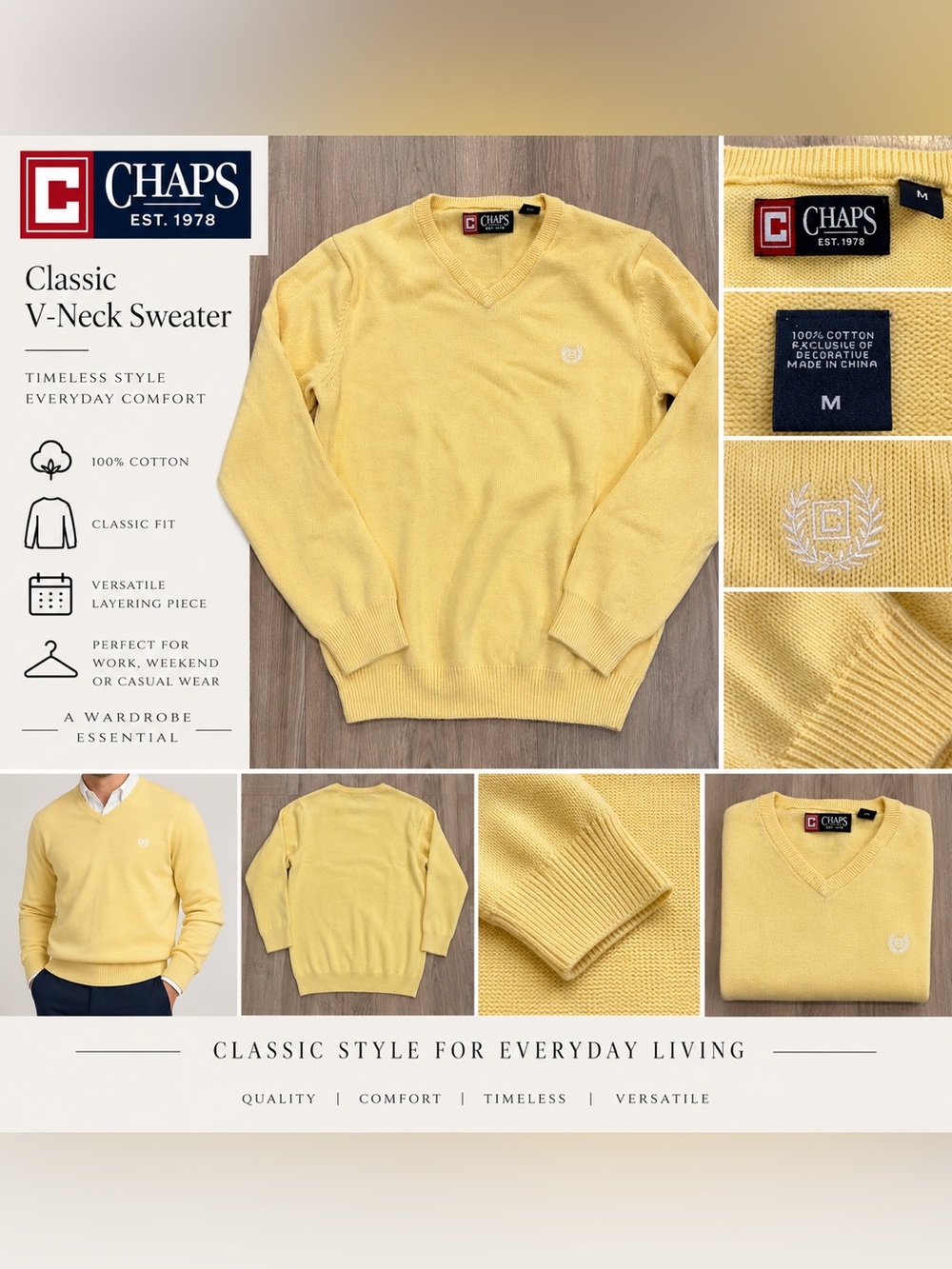 Chaps Men’s Yellow 100% Cotton V-Neck Sweater Size Medium